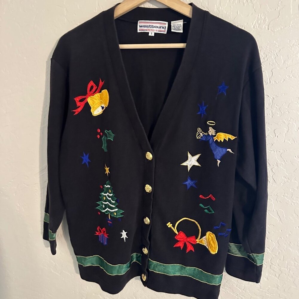 Y Westbound Black Vintage Embroidered Cotton Grandma Angel Christmas Sweater - Picture 2 of 9